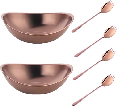 Salatschüssel aus 18/8-Edelstahl, 2er-Pack mit 4 Stück Sporks, 2-in-1-Löffeln, Gabeln, Edelstahl-Servierschüssel-Set, Mehrzweck-Obst/Salat/Snacks, dekorative Metallwellenschalen, Roségold von SUNSENGEUR