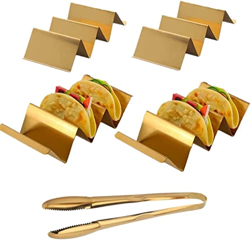 Taco-Halter-Ständer, 4er-Set mit 1 Lebensmittelzange – Taco-Ständer aus Edelstahl im Tablett-Stil, ofenfest zum Backen, spülmaschinen- und grillfest – Gold von SUNSENGEUR