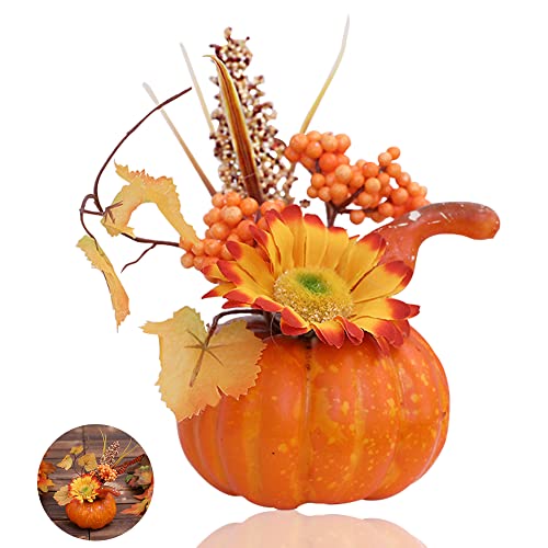 SUNSK Künstlicher Kürbis Deko Halloween Kürbisse Schaum Thanksgiving Dekoration Herbst Kürbis Ahornblätter mit Blumen und Beeren für Herbst Party Home Halloween Dekoration von SUNSK