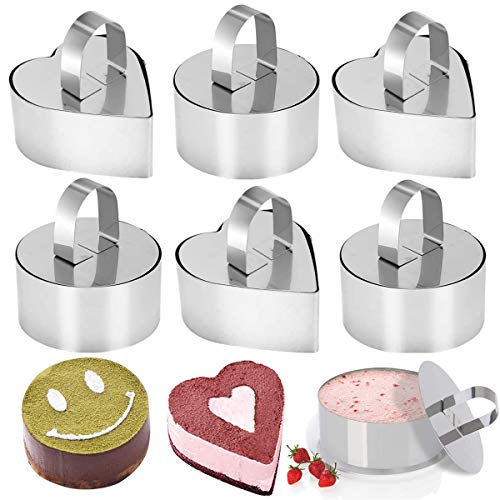 SUNSK Mousse Ringe Tortenring Kleine Dessertringe Backring Edelstahl Kuchenform Speiseringe Dessert Schimmel mit Drücker 6 Stück (Runde & Herz) von SUNSK