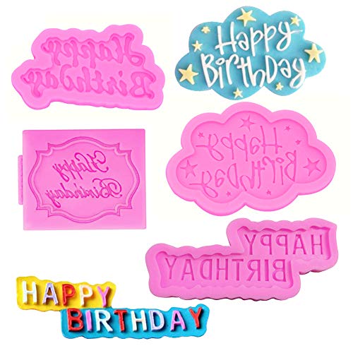 SUNSK Silikon Fondant Kuchen Formen 3D Happy Birthday Buchstaben Silikonformen Bonbon Schokoladenformen DIY Kuchen Süßigkeiten Gelee Backformen Geburtstag Tortedeko 4 Stück von SUNSK