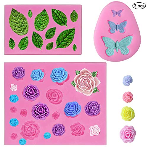 SUNSK Silikon Fondant Kuchen Formen 3D Rosen Blumen Silikonformen Blätter Formen Schmetterlinge Silikonform Schokoladenformen DIY Kuchen Süßigkeiten Gelee Backformen Tortedeko 3 Stück von SUNSK