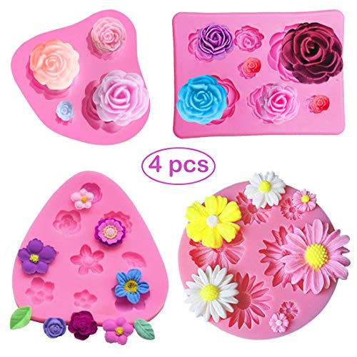 SUNSK Silikon Fondant Kuchen Formen 3D Rosen Blumen Silikonformen Gänseblümchen Formen Schokoladenformen DIY Kuchen Süßigkeiten Gelee Backformen Tortedeko 4 Stück von SUNSK