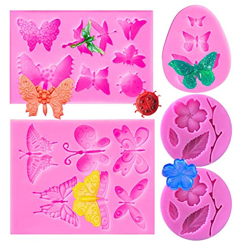 SUNSK Silikon Fondant Kuchen Formen 3D Schmetterling Libelle Silikonformen Pfirsichblüte Form Schokoladenformen DIY Kuchen Süßigkeiten Gelee Backformen Tortedeko 5 Stück von SUNSK