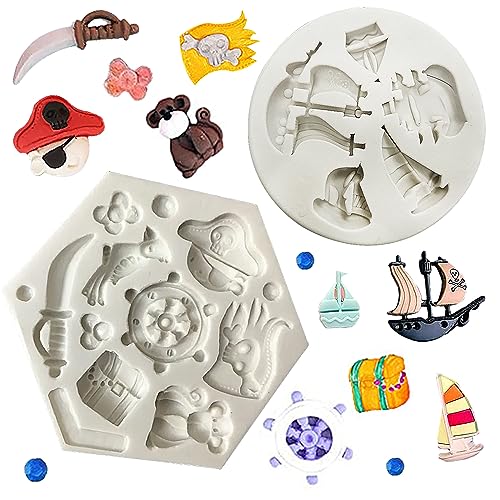 SUNSK Piraten Silikon Fondant Kuchen Formen 3D Silikonform Piratenschiff Schokoladenformen Bär Piratenboot Ruder Anker Silikon Backform für Piraten Party 2 Stück von SUNSK