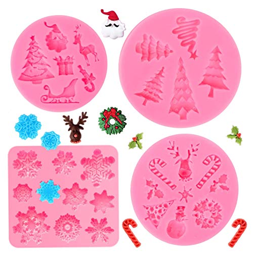 SUNSK Silikon Fondant Kuchen Formen 3D Weihnachten Silikonformen Schneeflocke Weihnachtsbaum Formen Schokoladenformen DIY Kuchen Süßigkeiten Gelee Backformen Tortedeko 4 Stück von SUNSK