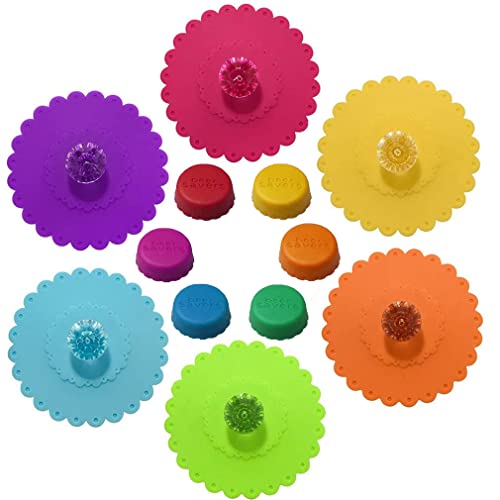 SUNSK Silikon Glasabdeckung Wiederverwendbar Tassenabdeckung mit Diamant Anti-Staub Silikon Tasse Deckel und Silikon Kronkorken Weinflasche Caps 12 Stücke von SUNSK