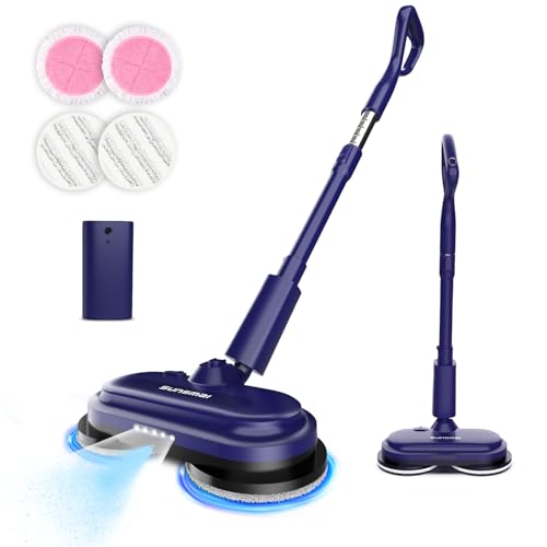 Kabellos Bodenwischer Elektrisch Retractable, SUNSMAI Elektrischer Mopp mit LED und Sprühfunktion, 300 ML Wassertank, Akku Abnehmbar Doppelte Rotation Akku Bodenwischer zum Wischen und Polieren von SUNSMAI
