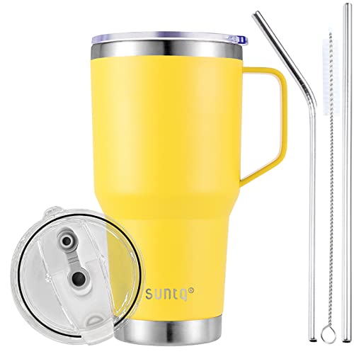 SUNTQ 30oz 850ml Tumbler mit Griff - Wiederverwendbare Reise Kaffee Tasse mit Stroh, Deckel - Doppelwandige Vakuum Isolierte Kaffeetasse - Thermische Tasse aus Edelstahl(Gelb) von SUNTQ