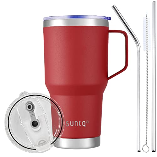 SUNTQ 30oz 850ml Tumbler mit Griff - Wiederverwendbare Reise Kaffee Tasse mit Stroh, Deckel - Doppelwandige Vakuum Isolierte Kaffeetasse - Thermische Tasse aus Edelstahl (Rot) von SUNTQ