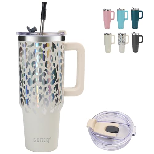 SUNTQ 40oz Becher mit Griff, doppelwandige isolierte Kaffeetasse mit auslaufsicherem Deckel und Stroh, Edelstahl-Reisebecher für heiße oder kalte Getränke(Off-white/Leopard) von SUNTQ