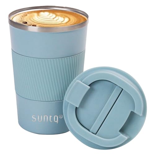 SUNTQ Kaffeebecher to go Thermo aus Edelstahl 380ml Thermobecher mit Gummierte Manschette Doppelwand Isoliert - Kaffeetasse mit Auslaufsicherem Deckel Wiederverwendbar Himmel Blau von SUNTQ