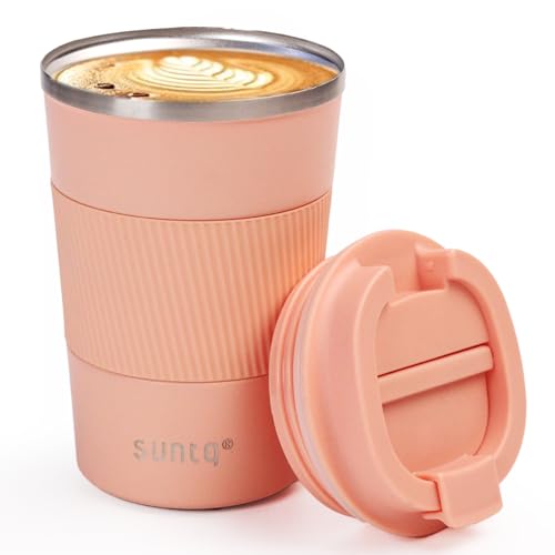 SUNTQ Kaffeebecher to go Thermo aus Edelstahl 380ml Thermobecher mit Gummierte Manschette Doppelwand Isoliert - Kaffeetasse mit Auslaufsicherem Deckel Wiederverwendbar Rosa von SUNTQ