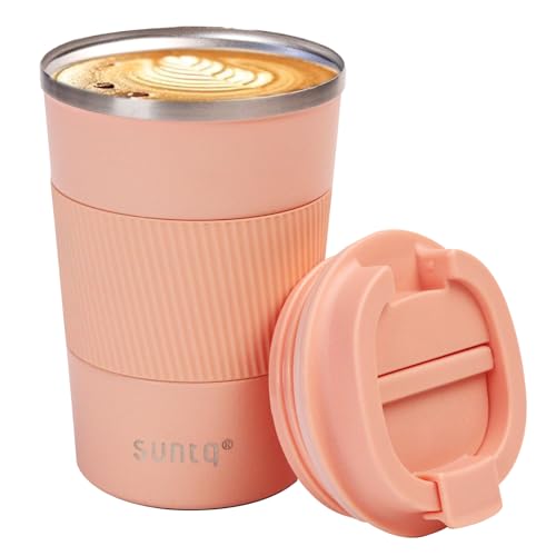 SUNTQ Kaffeebecher to go Thermo aus Edelstahl 380ml Thermobecher mit Gummierte Manschette Doppelwand Isoliert - Kaffeetasse mit Auslaufsicherem Deckel Wiederverwendbar Rosa von SUNTQ