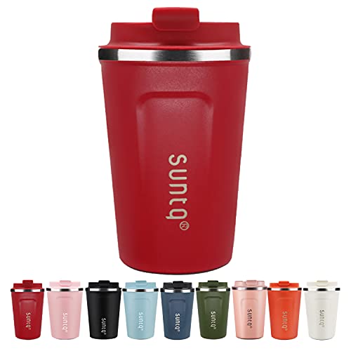 SUNTQ Kaffeebecher to go Thermo aus Edelstahl - Thermobecher Doppelwand Isoliert - Kaffeetasse Unterwegs Reisbecher mit Auslaufsicherem Deckel - Wiederverwendbar und Umweltfreundlich,Rot 380ml von SUNTQ