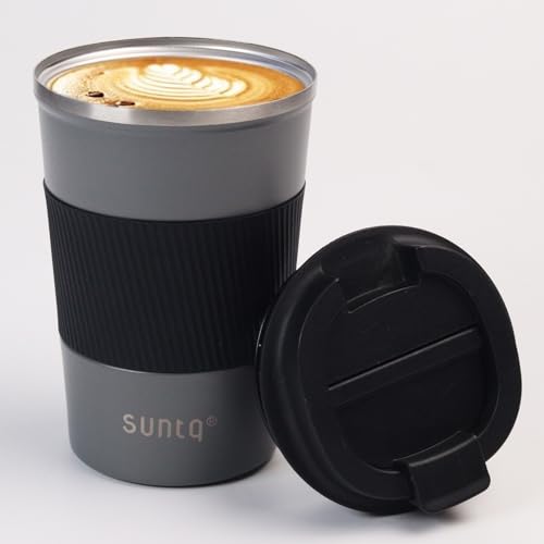 SUNTQ Kaffeebecher to go Thermo aus Edelstahl - Thermobecher mit Gummierte Manschette Doppelwand Isoliert - Kaffeetasse mit Auslaufsicherem Deckel Wiederverwendbar 380ml Grau/Schwarz von SUNTQ