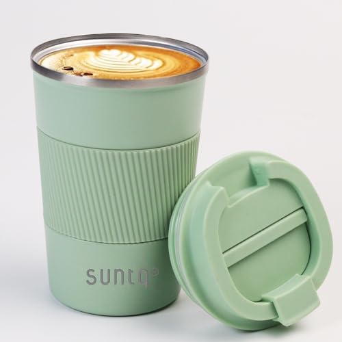 SUNTQ Kaffeebecher to go Thermo aus Edelstahl - Thermobecher mit Gummierte Manschette Doppelwand Isoliert - Kaffeetasse mit Auslaufsicherem Deckel Wiederverwendbar 380ml Mintgrün von SUNTQ