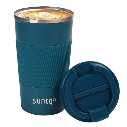 SUNTQ Kaffeebecher to go Thermo aus Edelstahl - Thermobecher mit Gummierte Manschette Doppelwand Isoliert - Kaffeetasse mit Auslaufsicherem Deckel Wiederverwendbar 510ml Blau von SUNTQ