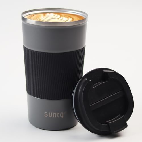 SUNTQ Kaffeebecher to go Thermo aus Edelstahl - Thermobecher mit Gummierte Manschette Doppelwand Isoliert - Kaffeetasse mit Auslaufsicherem Deckel Wiederverwendbar 510ml Grau/Schwarz von SUNTQ