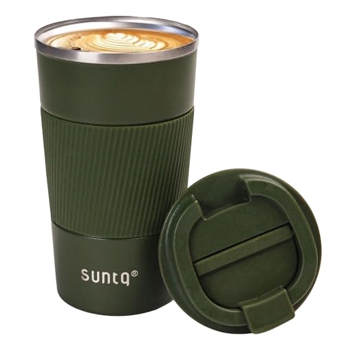SUNTQ Kaffeebecher to go Thermo aus Edelstahl - Thermobecher mit Gummierte Manschette Doppelwand Isoliert - Kaffeetasse mit Auslaufsicherem Deckel Wiederverwendbar 510ml Grün von SUNTQ