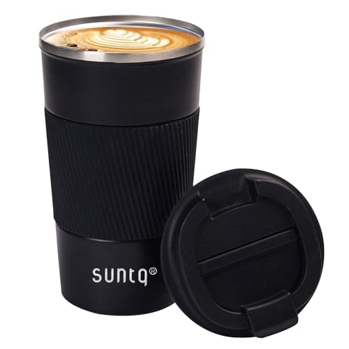 SUNTQ Kaffeebecher to go Thermo aus Edelstahl - Thermobecher mit Gummierte Manschette Doppelwand Isoliert - Kaffeetasse mit Auslaufsicherem Deckel Wiederverwendbar 510ml Schwarz von SUNTQ
