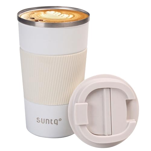 SUNTQ Kaffeebecher to go Thermo aus Edelstahl - Thermobecher mit Gummierte Manschette Doppelwand Isoliert - Kaffeetasse mit Auslaufsicherem Deckel Wiederverwendbar 510ml Weiß von SUNTQ