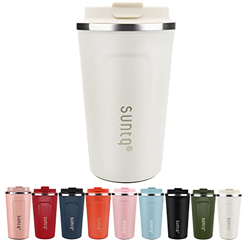 SUNTQ Kaffeebecher to go aus Edelstahl - Thermobecher Doppelwand Isoliert - Kaffeetasse mit Auslaufsicherem Deckel Wiederverwendbar (Weiß Creme, 510ml) von SUNTQ