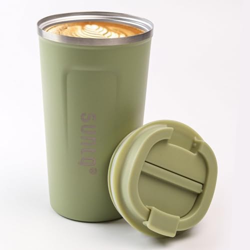 SUNTQ Kaffeebecher to go aus Edelstahl - Thermobecher Doppelwand Isoliert - Kaffeetasse mit Auslaufsicherem Deckel Wiederverwendbar (Sage, 510ml) von SUNTQ