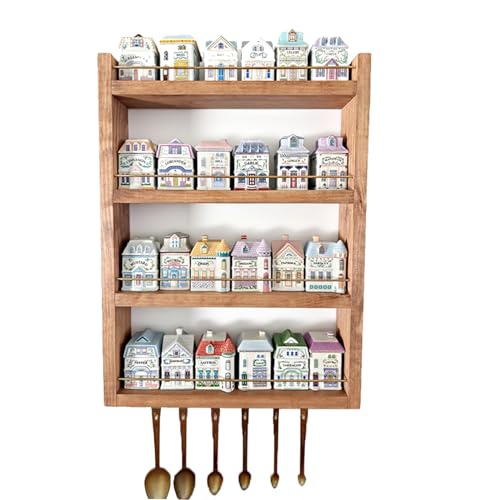 SUNUCO Holzgewürzregal mit Messingschienen und Haken zum Aufhängen von Messlöffeln, 4 Shelves Gewürz Organizer, Gewürzregal Wand für Küchenregale und zur Aufbewahrung von Gewürzen von SUNUCO