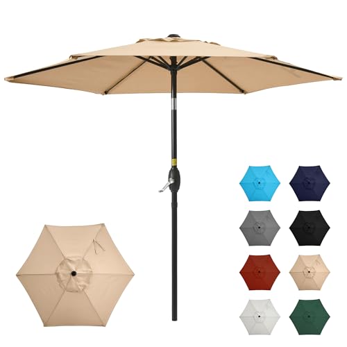 SUNVIVI OUTDOOR Terrassenschirm für den Außenbereich, Markt-Regenschirm, Aluminium-Stangenschirm mit Druckknopf-Neigung und Kurbel, 6 Rippen, Polyester-Überdachung, Hellbraun von SUNVIVI OUTDOOR