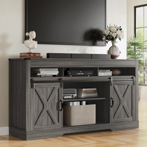 SUNVIVI Farmhouse TV-Ständer für 165 cm (65 Zoll) Fernseher, hohes Unterhaltungszentrum mit Aufbewahrungsschränken und Schiebetüren, moderner Media-TV-Konsolentisch für Wohnzimmer (Dunkelgrau) von SUNVIVI