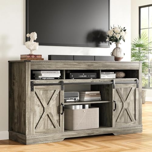 SUNVIVI Farmhouse TV-Ständer für 165 cm (65 Zoll) Fernseher, hohes Unterhaltungszentrum mit Aufbewahrungsschränken und Schiebetüren, moderner Media-TV-Konsolentisch für Wohnzimmer (helle rustikale von SUNVIVI