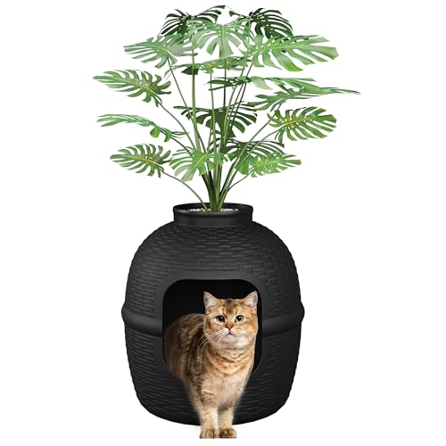 SUNVIVI Katzentoilette Katze mit Kunstpflanze & Schaufel, Verstecktes Gehege, Katzentoilette mit Geruchskontrolle & Kohlefilter im Wohnzimmer, Schlafzimmer, Ecke, Schwarz von SUNVIVI