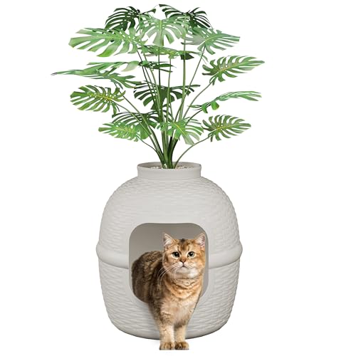 SUNVIVI Katzentoilette mit Kunstpflanze und Schaufel, verstecktes Gehege, Katzenklo mit Geruchskontrolle & Kohlefilter im Wohnzimmer, Schlafzimmer, Ecke, gebrochenes Weiß von SUNVIVI