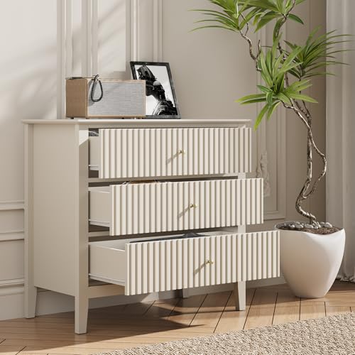 Sunvivi Geriffelte Kommode mit 3 Schubladen, breite Kommode mit Kugellager-Rutsche, moderner Nachttischschrank, Holzkommode mit geräumigem Stauraum für Schlafzimmer, Flur, Wohnzimmer, Kinderzimmer von SUNVIVI