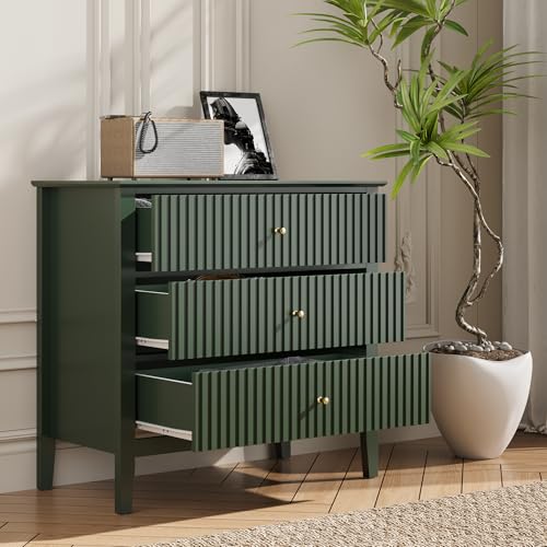 Sunvivi Geriffelte Kommode mit 3 Schubladen, breite Kommode mit Kugellager-Rutsche, moderner Nachttischschrank, Holzkommode mit geräumigem Stauraum für Schlafzimmer, Flur, Wohnzimmer, Kinderzimmer von SUNVIVI