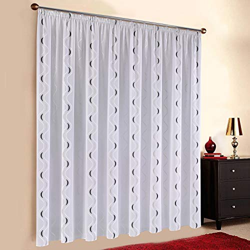 Sun World Maßgeschneiderte weiße Scherli Voile Store Gardine “Mauro“ Kräuselband Vorhang nach Maß, Gardinen nach Maß Höhe: 90–295cm (Muster: Silber-Weiß, 150 x 600 cm/HxB) von Sun World