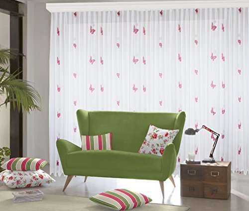 SUNWORLD Maßgeschneiderte weiße Scherli Voile Store Gardine “Schmetterlinge“ Kräuselband Vorhang nach Maß, Gardinen nach Maß Höhe: 90–295cm (Rot, 165 x 800 cm/HxB) von SUNWORLD