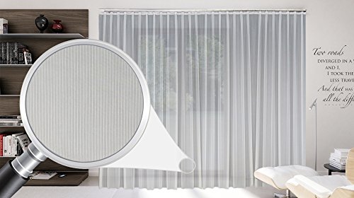 SUNWORLD Maßgeschneiderte weiße Voile Store Gardine „Stripe“ inklusive Blei und Automatik Faltenband 1:2,5, 3er Falte, Vorhang nach Maß, Höhe 90 – 295 cm (145 x 400 cm/HxB) von SUNWORLD