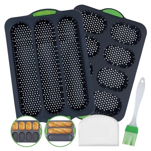 2 Stück Brötchen Backform Silikon,Baguette Backform Mini Baguette Backblech, Brotbackformen Baguetteblech Backen mit Ölpinsel und Silikonmesser,Brot Backen Zubehör für Brötchen Brot Langbrot Hot Dog von SUNXBUK