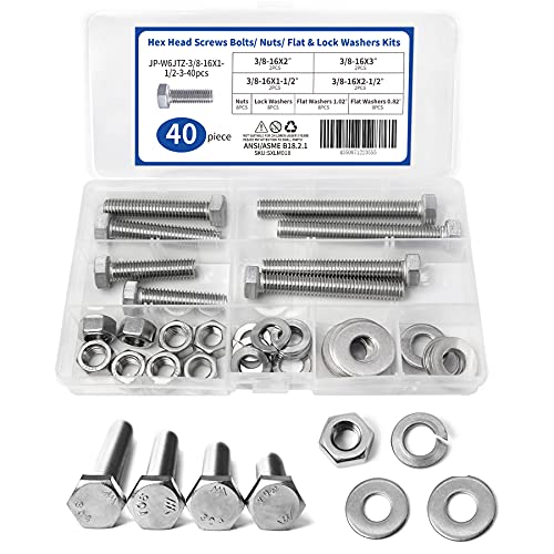 40 Stück Sechskantschrauben 304 Edelstahl Schrauben, 3/8-16X1-1/2-3 Machinenschrauben mit Muttern Unterlegscheiben Federringe Sortiment Kit von SUNXULIM