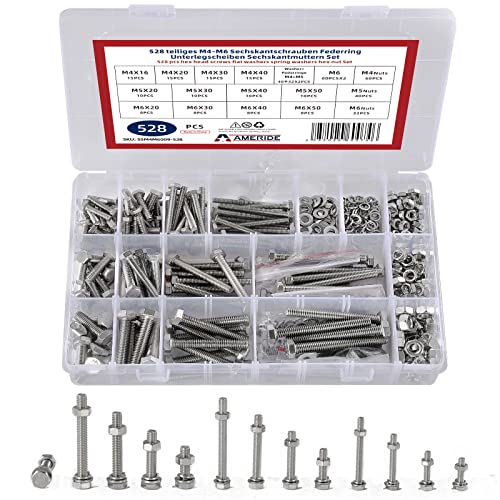 528pcs Sechskantschrauben M4 M5 M6 Schrauben Set, Edelstahl Gewindeschrauben mit Muttern Unterlegscheiben Federringe Sortiment Kit von SUNXULIM