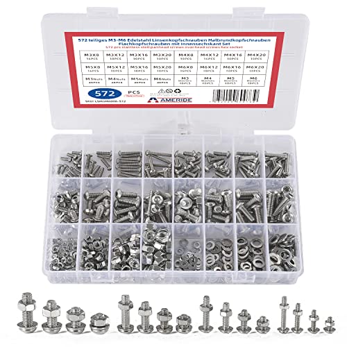 572pcs M3 M4 M5 M6 Linsenkopf Innensechskant Schrauben Set, Edelstahl Gewindeschrauben mit Muttern und Unterlegscheiben Sortiment Kit von SUNXULIM