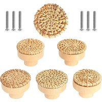 6er-Set Rattan-Möbelknöpfe, Schubladenknöpfe, Türknöpfe im Bohemian-Stil, runder Schubladengriff aus Holz für Kommoden, Kleiderschränke, von SUNXURY