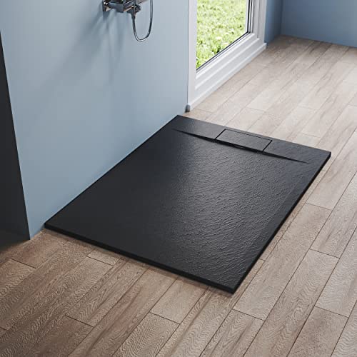 Duschwanne Flach Duschtasse 120x90 Schwarz 32mm Schieferoptik und Rutschfeste Struktur Inklusive Siphon von SUNXURY