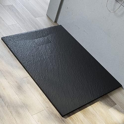 SMC Duschwanne 140x90 cm, ‎Schwarz mit Siphon, Flach, Rutschfeste Struktur | Inklusive Ablaufgarnitur Ø 90 mm | Duschtasse flach | Spezielles Design für eine versteckte Ablaufgarnitur von SUNXURY