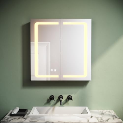 SUNXURY Badezimmer Spiegelschrank mit Beleuchtung 65x65cm mit Touchschalter LED Steckdose Beschlagfrei Hängend Aluminium Bathroom Mirror Cabinet von SUNXURY