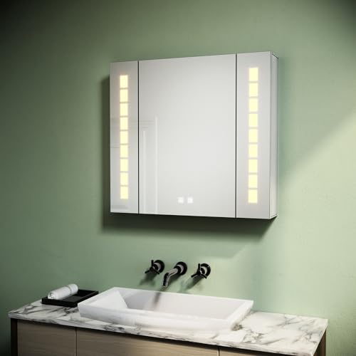 SUNXURY Spiegelschrank mit 3 Farbtemperatur 60x65cm Breit LED innenspiegel Badezimmerschrank mit Touchschal Beschlagfrei Steckdose für Badezimmer Softclose von SUNXURY