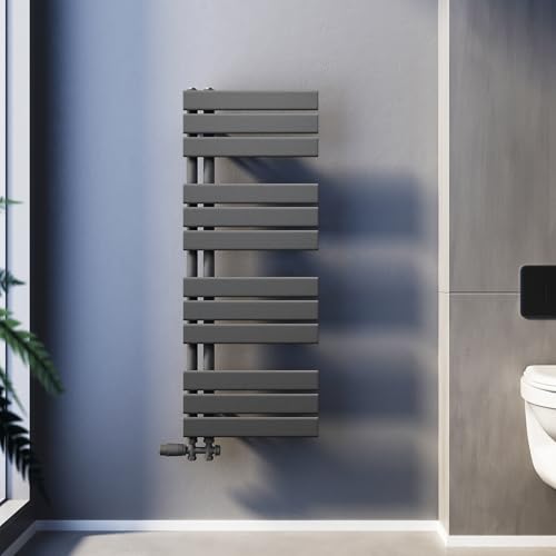 SUNXURY Badheizkörper 1038 x 400 mm Handtuchtrockner Handtuch Trockner Handtuchhalter Seitenanschluss Anthrazit Handtuchheizkörper Badheizkörper mit Anthrazit Multiblock Thermostat von SUNXURY