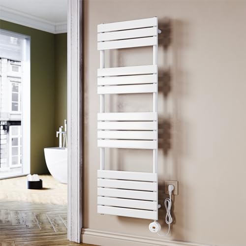 SUNXURY Badheizkörper Elektrisch 1450x500mm Handtuchheizkörper Elektrisch mit Programmierbare Thermostat Flach Handtuchhalter mit Timerfunktion und Temperaturregler Weiß von SUNXURY